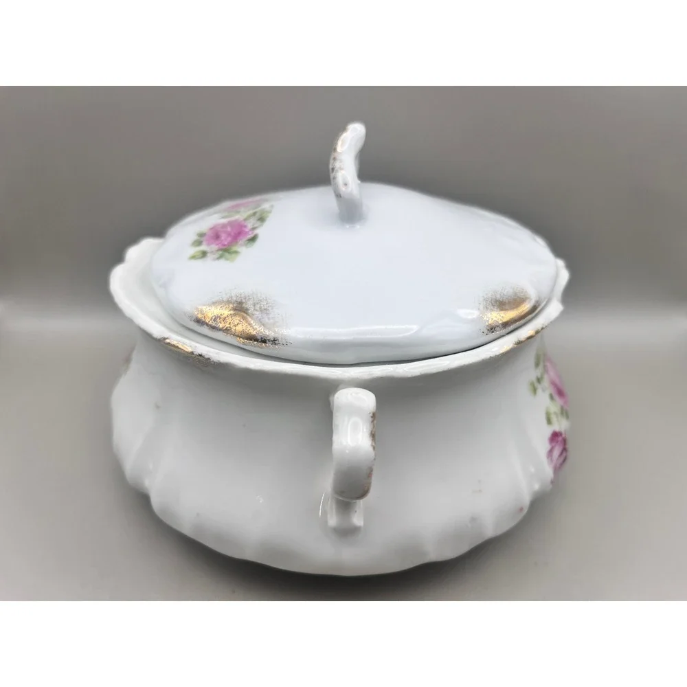 Antique Pink Rose Porcelain Lidded Tureen Bowl Victorian Floral Gold‎ 5.5